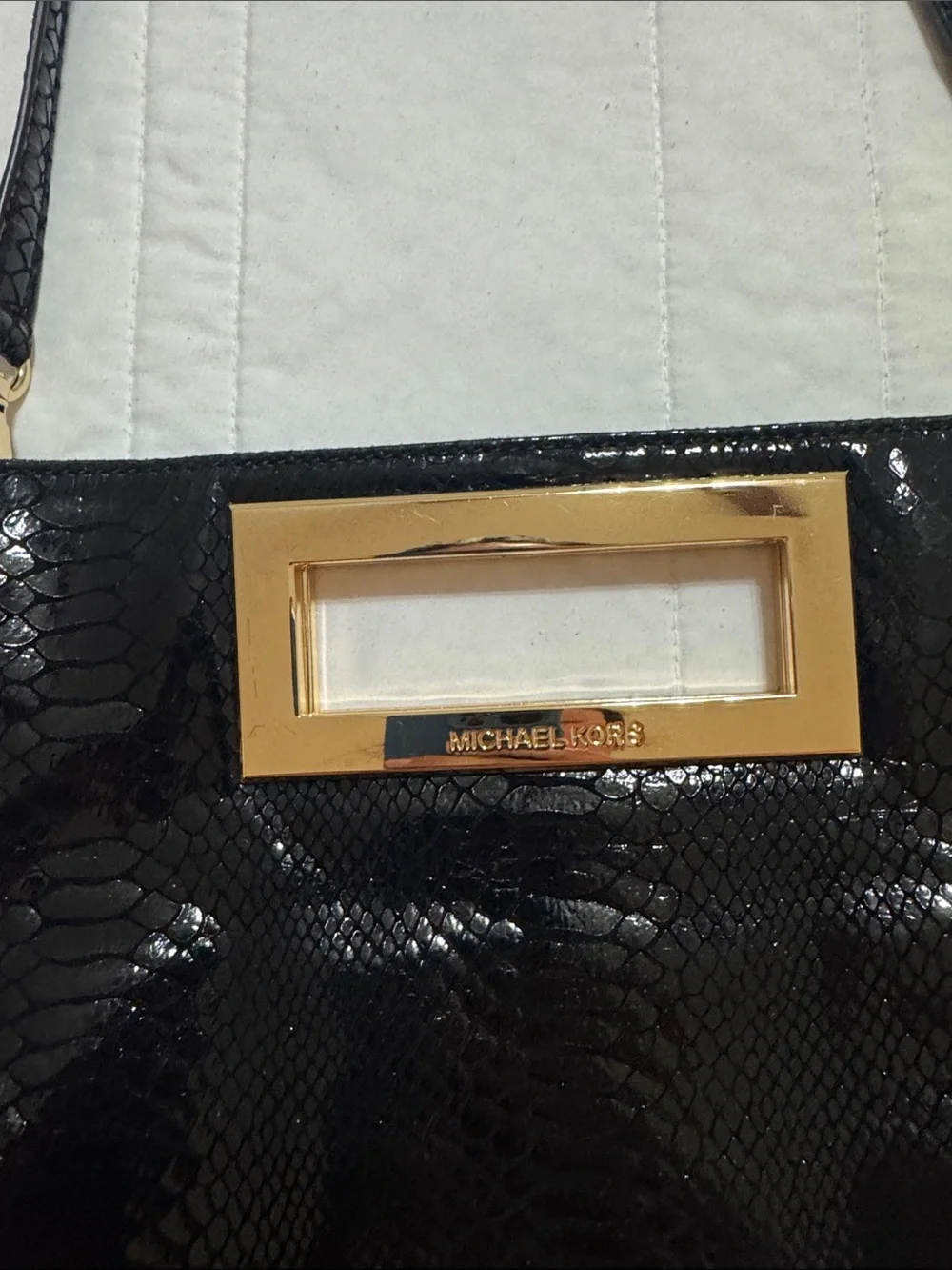 Michael Kors Black Patent Shoulder Bag with Gold-Tone Handle Frame
